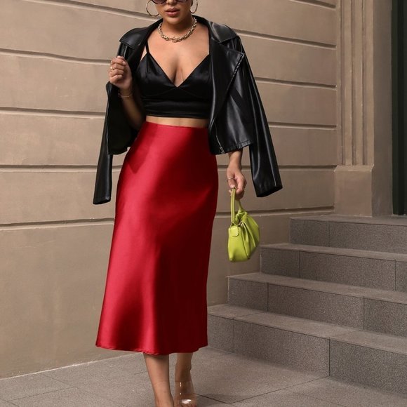 Red Preppy Womens High Waist Satin Skirt - Picture 3 of 5